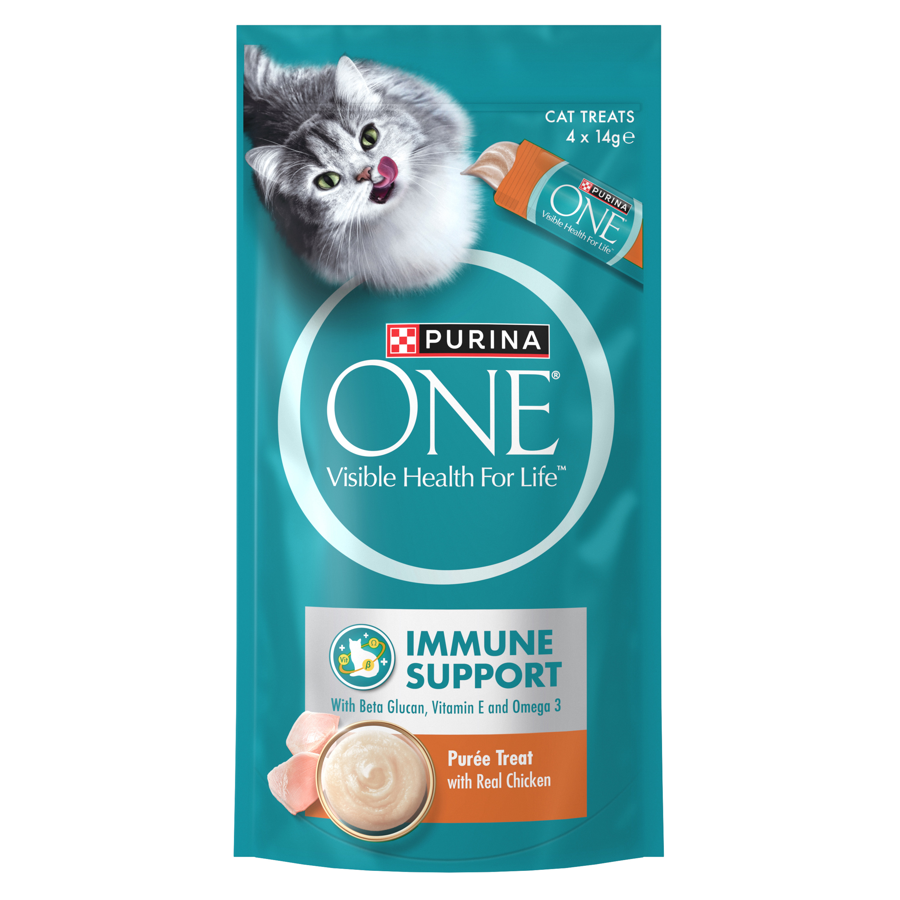PURINA ONE Immune Support Pur&eacute;e Treat with Real Chicken Cat Treats 4 x 14g