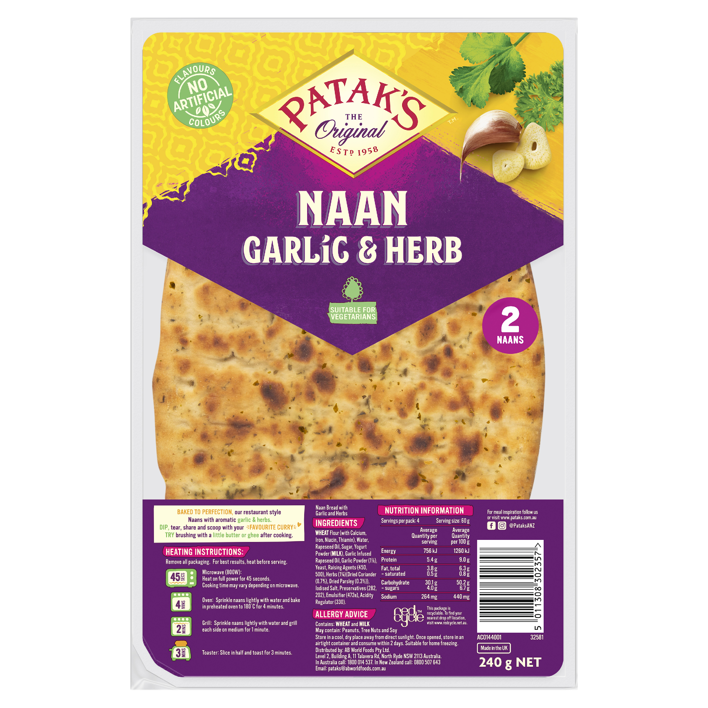 Patak’s Naans Garlic & Herb 240 g